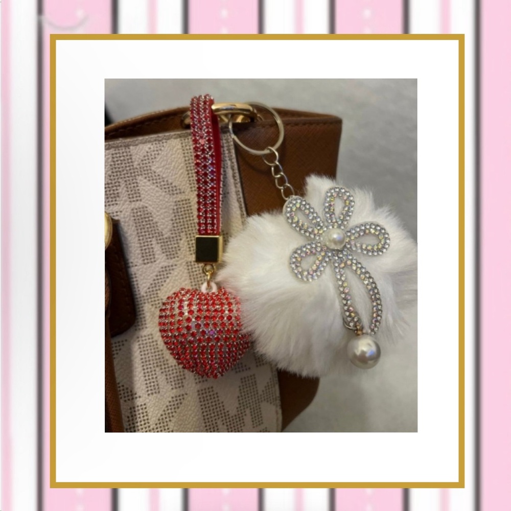 Heart Shape Rhinestone keychain/pendant & fur ball RED/WHITE